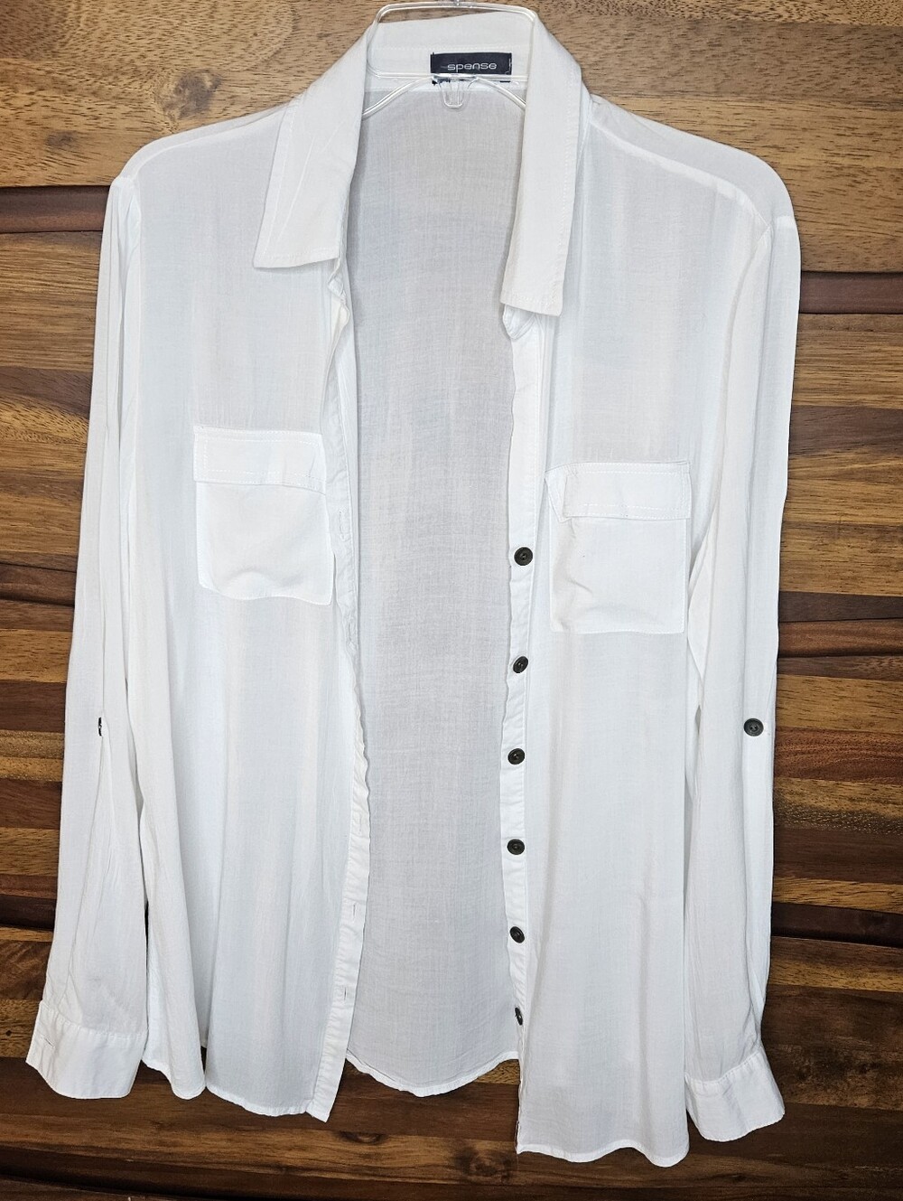Spense Women's White Sheer Long-Sleeve Button Shirt With Pockets Size L